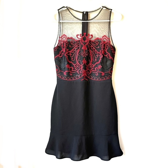 🏷️ 2/$20 Greylin Black and Red Embroidered Illusion Neckline Cocktail Dress - Picture 1 of 12